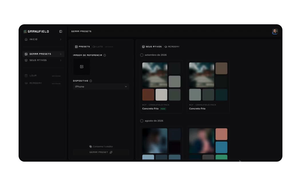 Tela do Granufield baixando o preset gerado e montando um pack com varios presets